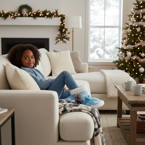 Disney Frozen Kids Size 7-8 Bootie Slippers Style Elsa & Anna Sequined Snowflake - Picture 2 of 7